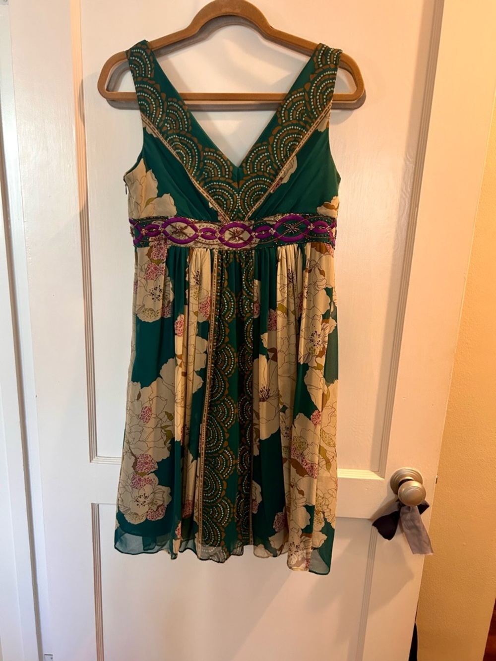 Adrianna Papell Teal Floral V-Neck Silk Cocktail Dress w/beading, embroidery - Picture 8 of 13